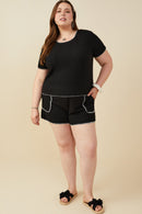 HY9447 Black Womens Contrast Stitch Textured Rib Knit Top Back