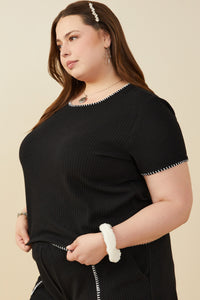 HY9447W Black Plus Contrast Stitch Textured Rib Knit Top Gif