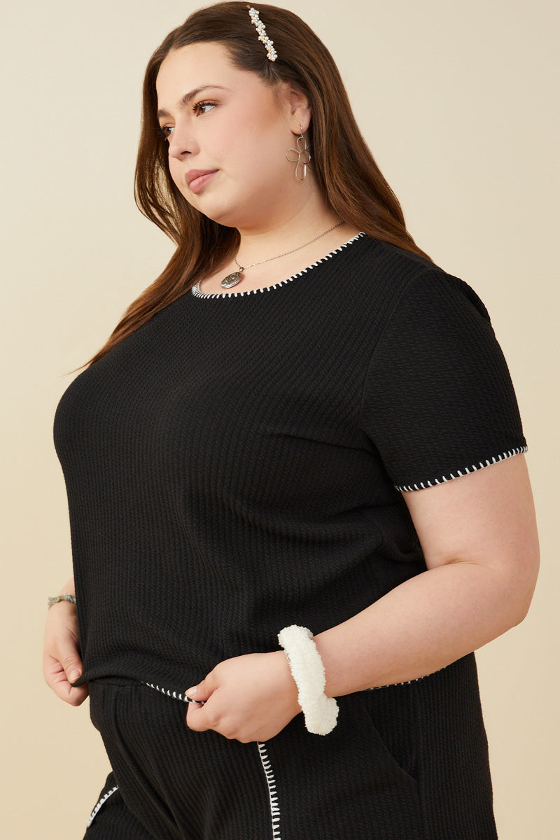 HY9447W Black Plus Contrast Stitch Textured Rib Knit Top Gif