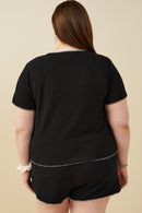 HY9447W Black Plus Contrast Stitch Textured Rib Knit Top Full Body