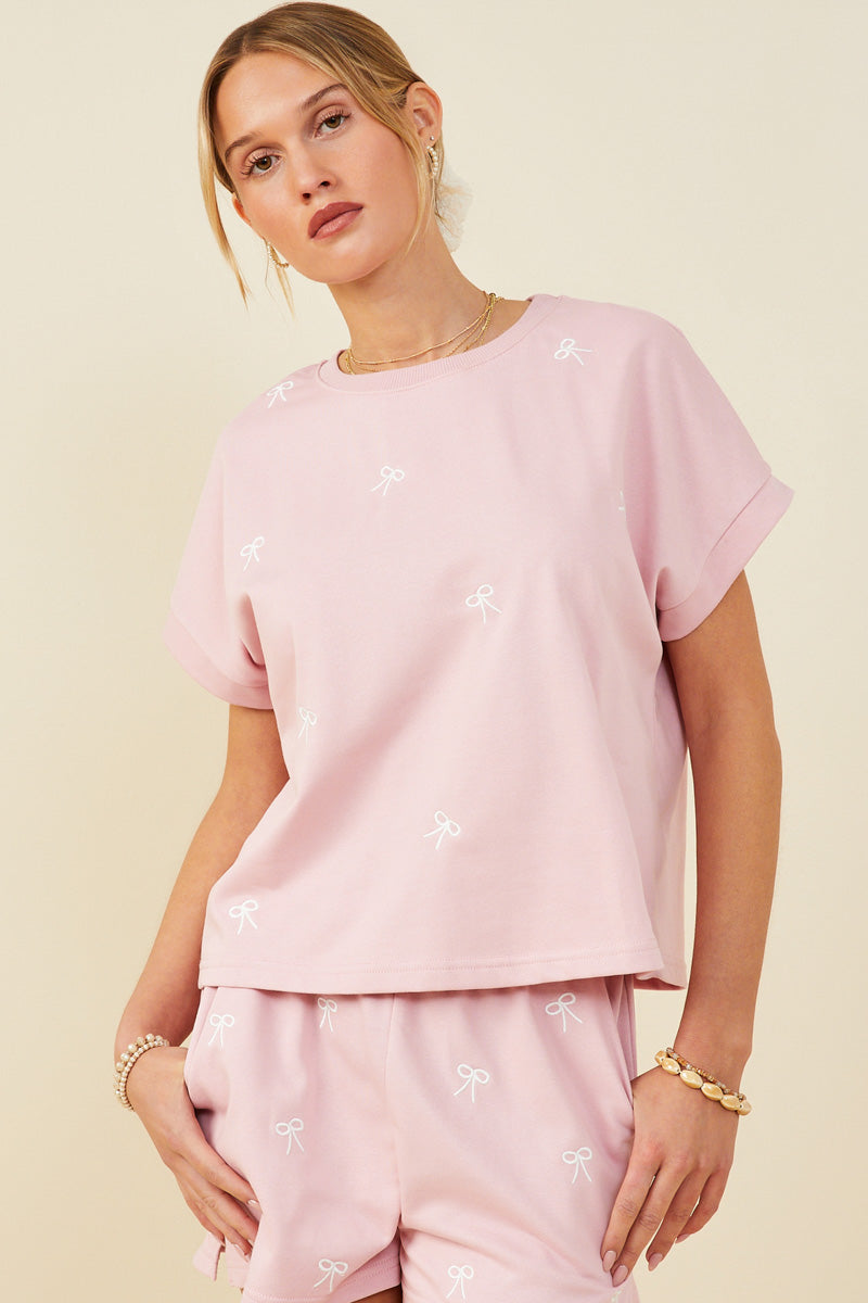Bow Embroidered French Terry Knit Top