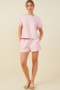 HY9453 Mauve Womens Bow Embroidered French Terry Knit Top Gif