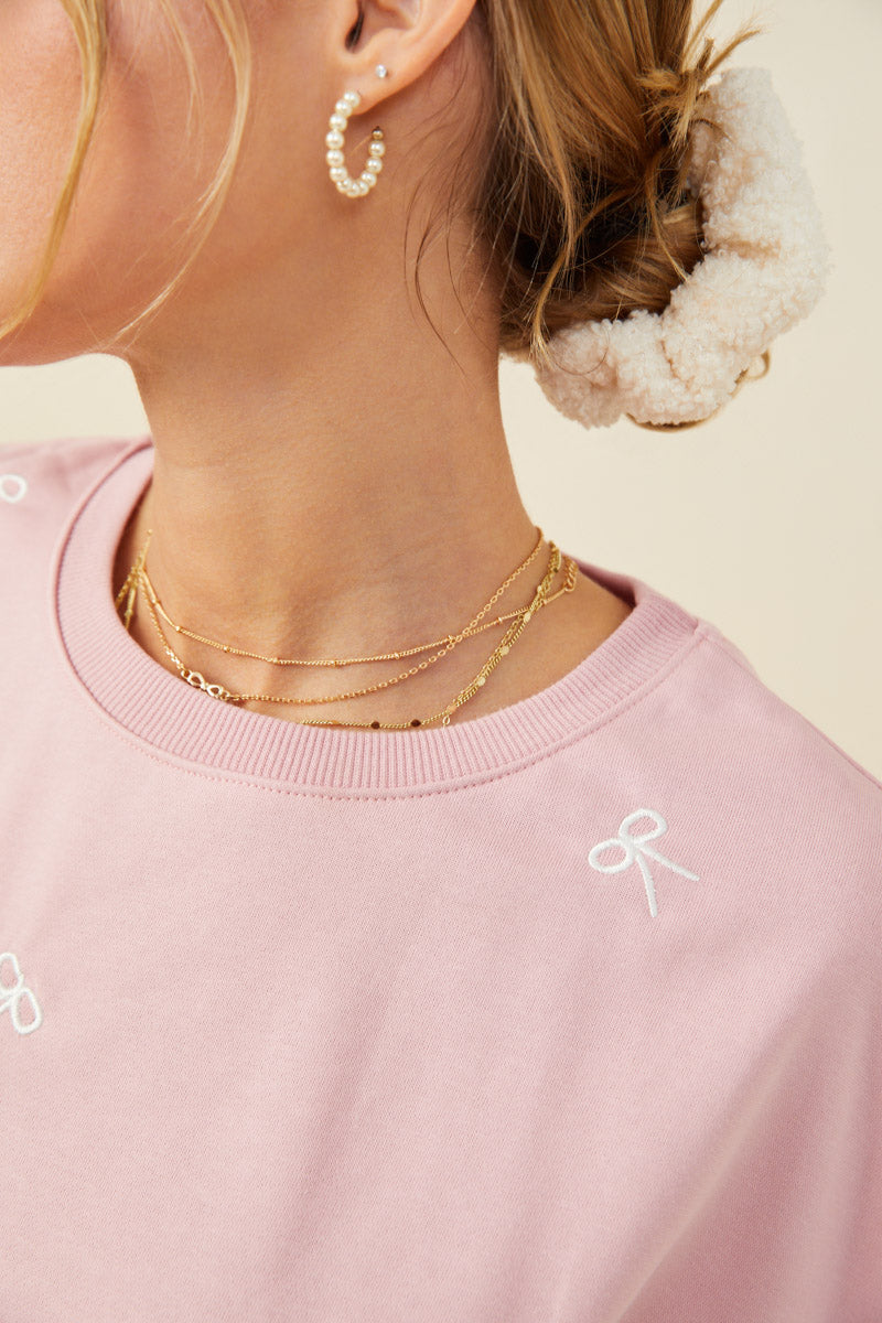 HY9453 Mauve Womens Bow Embroidered French Terry Knit Top Full Body