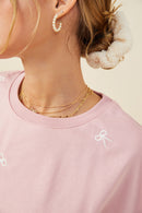 HY9453 Mauve Womens Bow Embroidered French Terry Knit Top Full Body