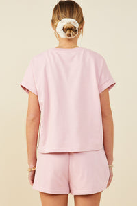 HY9453 Mauve Womens Bow Embroidered French Terry Knit Top Detail