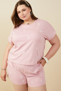 HY9453 Mauve Womens Bow Embroidered French Terry Knit Top Front