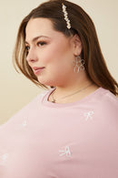 HY9453W Mauve Plus Bow Embroidered French Terry Knit Top Gif