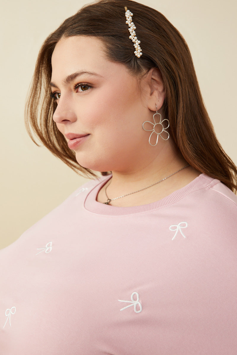 HY9453W Mauve Plus Bow Embroidered French Terry Knit Top Gif