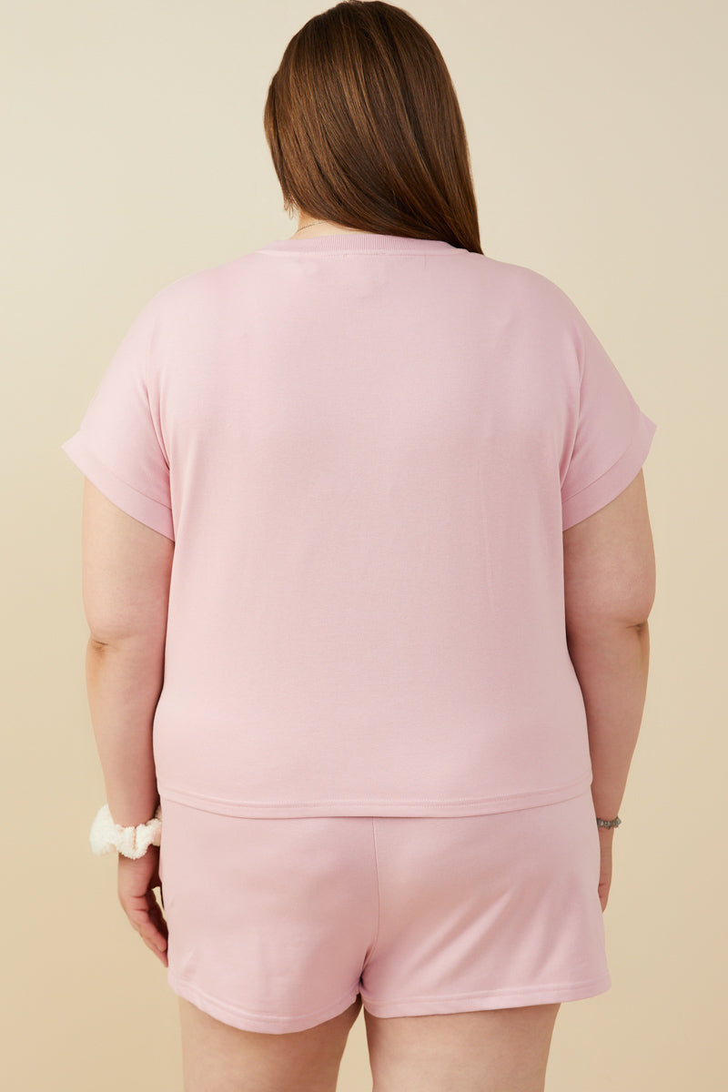 HY9453W Mauve Plus Bow Embroidered French Terry Knit Top Full Body