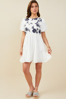 HY9462 Off White Womens Contrast Embroidered Paneled Dress Gif