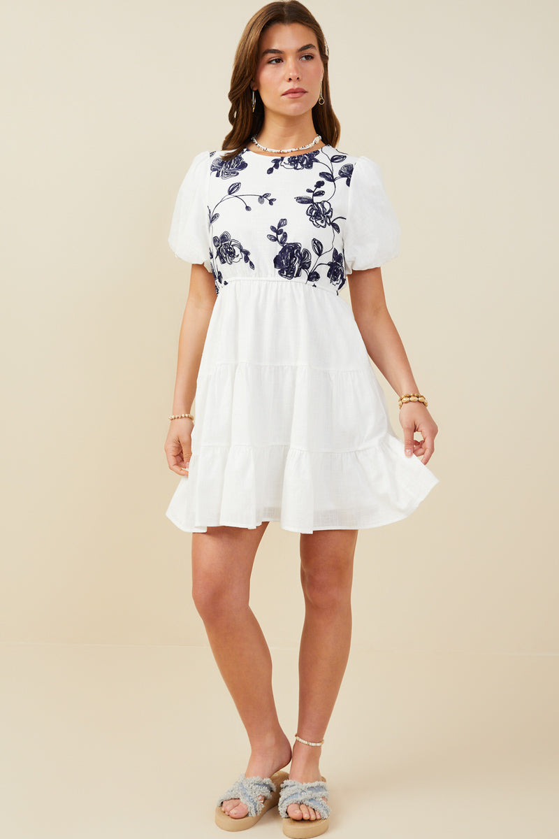 HY9462 Off White Womens Contrast Embroidered Paneled Dress Gif