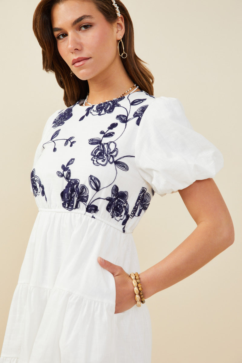 HY9462 Off White Womens Contrast Embroidered Paneled Dress Full Body