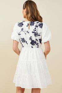 HY9462 Off White Womens Contrast Embroidered Paneled Dress Side