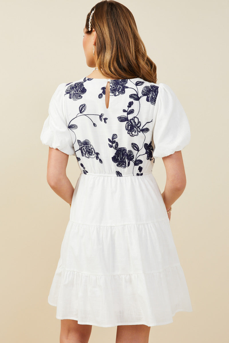 HY9462 Off White Womens Contrast Embroidered Paneled Dress Side