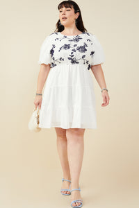 HY9462 Off White Womens Contrast Embroidered Paneled Dress Back