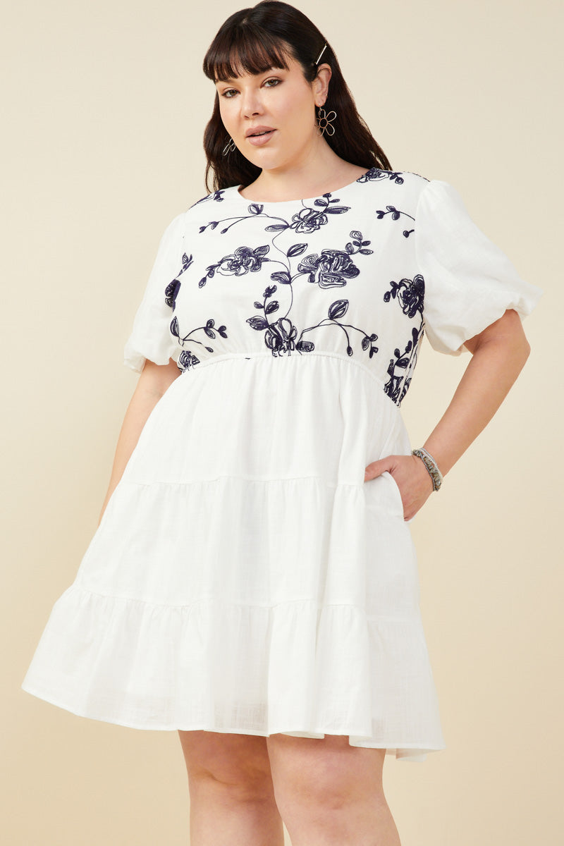 HY9462W Off White Plus Contrast Embroidered Paneled Dress Side