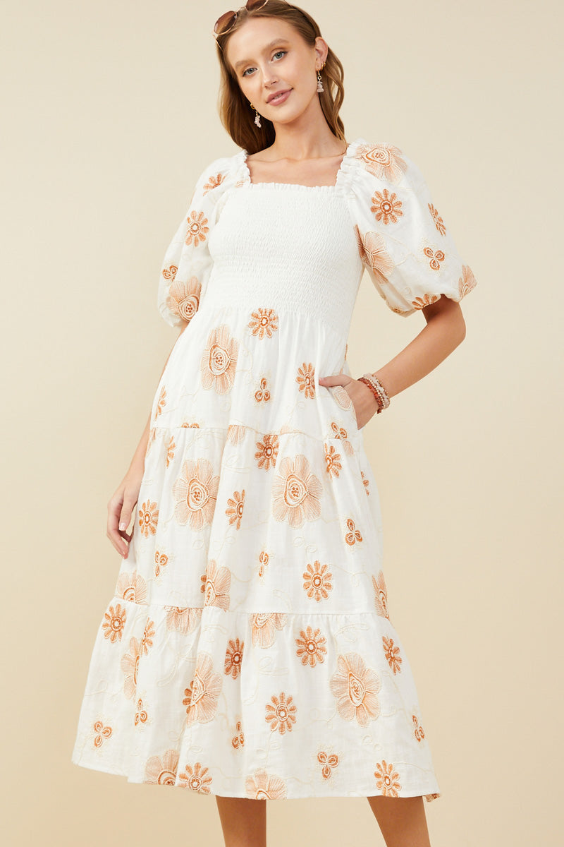 Floral Embroidered Smocked Bodice Midi Dress