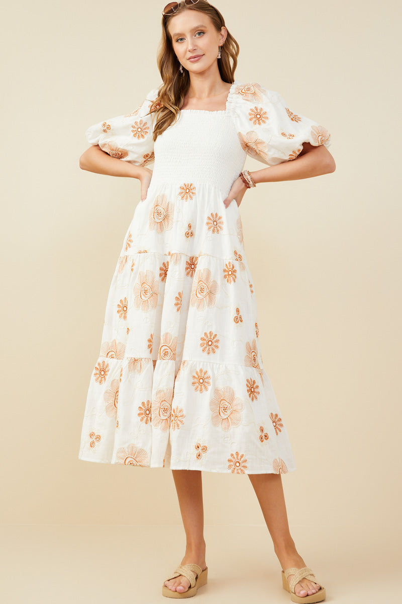 HY9463 Off White Womens Floral Embroidered Smocked Bodice Midi Dress Gif