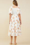 HY9463 Off White Womens Floral Embroidered Smocked Bodice Midi Dress Detail