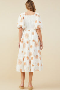 HY9463 Off White Womens Floral Embroidered Smocked Bodice Midi Dress Detail
