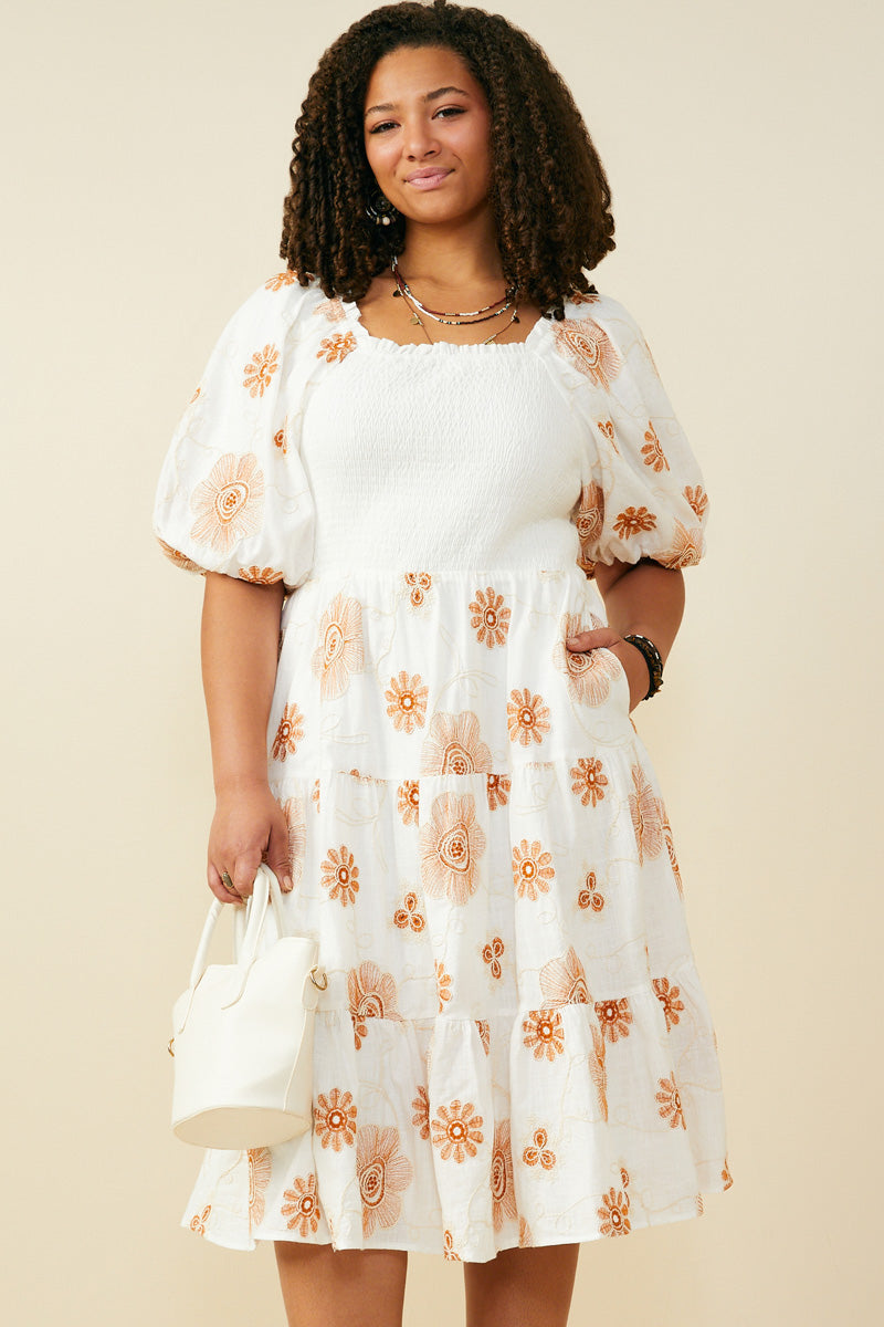 Floral Embroidered Smocked Bodice Midi Dress