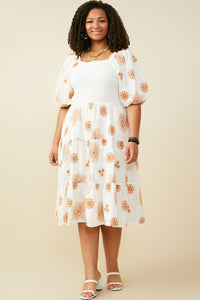 HY9463 Off White Womens Floral Embroidered Smocked Bodice Midi Dress Back