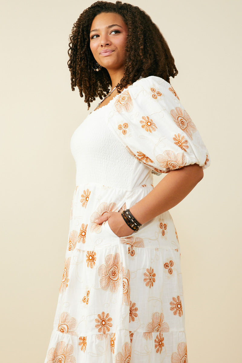 smocked bodice midi dress Smocked Floral Embroidered Bodice Midi Dress for Women| Boho Inspired Inclusive Outfits Off White / 1XL Off White *Women's Dresses Casual Dresses