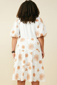 HY9463W Off White Plus Floral Embroidered Smocked Bodice Midi Dress Full Body