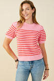 Striped Puff Sleeve Short Sleeve Sweater Knit Top