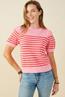 HY9467 Pink Mix Womens Striped Puff Sleeve Short Sleeve Sweater Knit Top Front