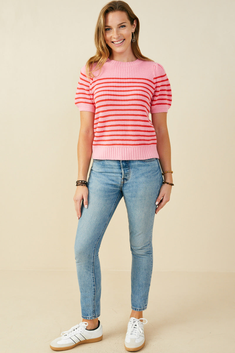 HY9467 Pink Mix Womens Striped Puff Sleeve Short Sleeve Sweater Knit Top Gif