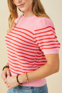 HY9467 Pink Mix Womens Striped Puff Sleeve Short Sleeve Sweater Knit Top Full Body