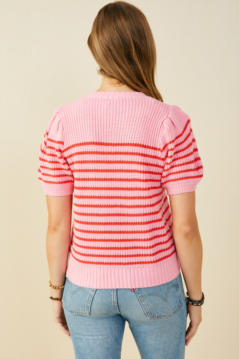 HY9467 Pink Mix Womens Striped Puff Sleeve Short Sleeve Sweater Knit Top Detail