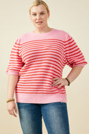 HY9467W Pink Mix Plus Striped Puff Sleeve Short Sleeve Sweater Knit Top Front