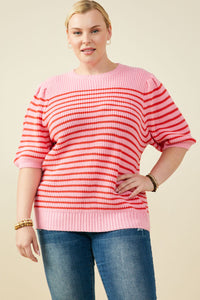 HY9467W Pink Mix Plus Striped Puff Sleeve Short Sleeve Sweater Knit Top Front