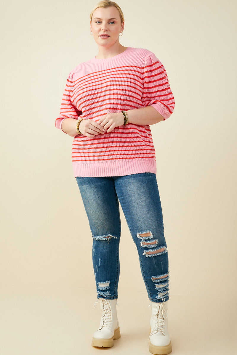 HY9467 Pink Mix Womens Striped Puff Sleeve Short Sleeve Sweater Knit Top Back