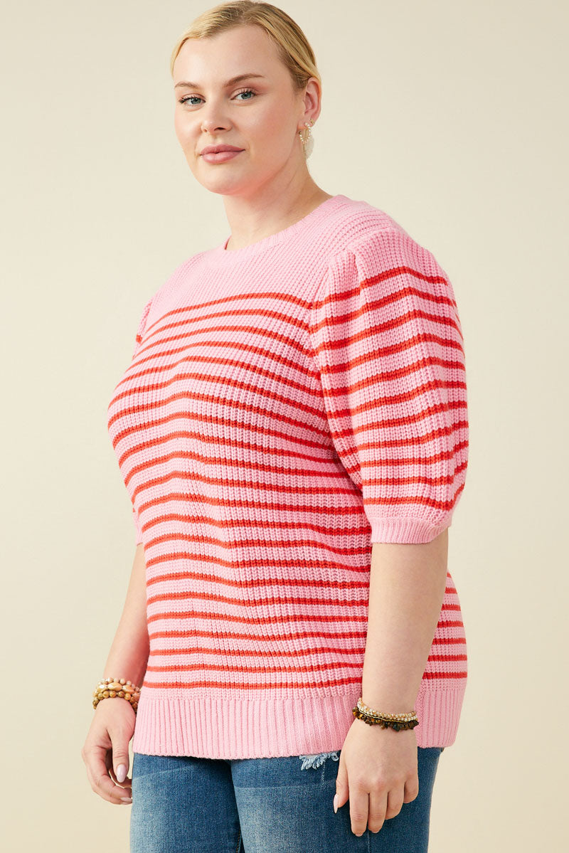 HY9467W Pink Mix Plus Striped Puff Sleeve Short Sleeve Sweater Knit Top Gif