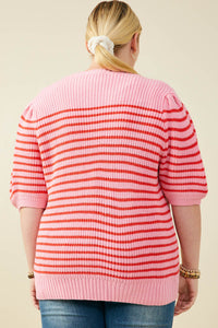 HY9467W Pink Mix Plus Striped Puff Sleeve Short Sleeve Sweater Knit Top Full Body