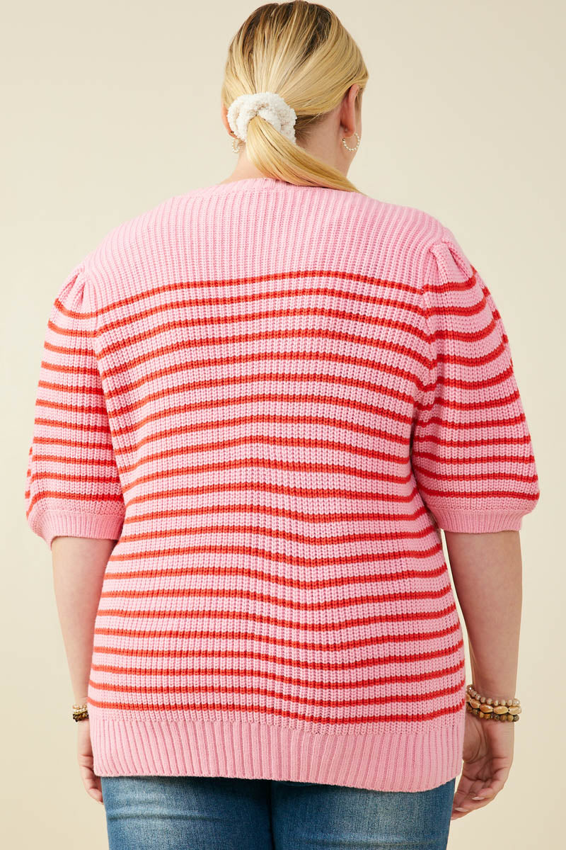 HY9467W Pink Mix Plus Striped Puff Sleeve Short Sleeve Sweater Knit Top Full Body