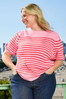 HY9467W Pink Mix Plus Striped Puff Sleeve Short Sleeve Sweater Knit Top Side