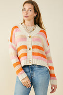 HY9484 Pink Womens Multicolor Stripe Button Closure Sweater Cardigan Front