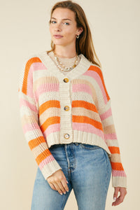 HY9484 Pink Womens Multicolor Stripe Button Closure Sweater Cardigan Front