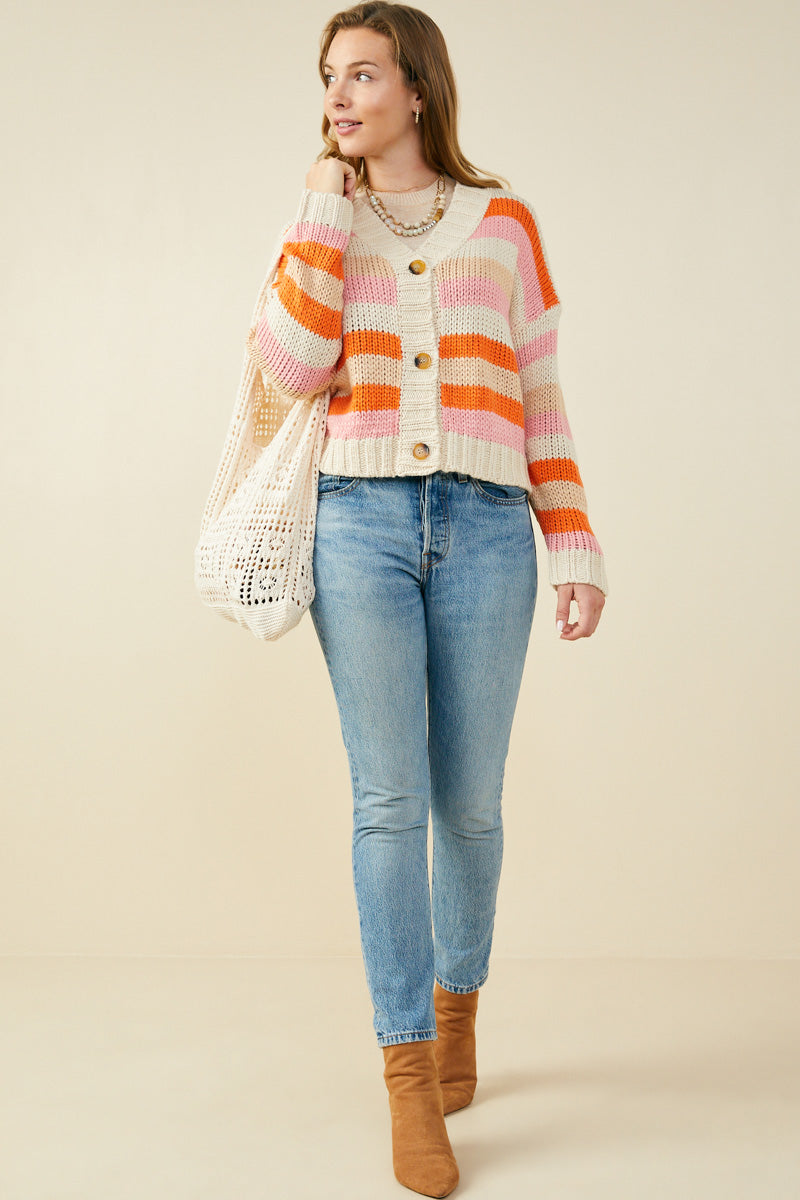 HY9484 Pink Womens Multicolor Stripe Button Closure Sweater Cardigan Gif
