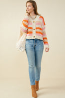 HY9484 Pink Womens Multicolor Stripe Button Closure Sweater Cardigan Gif