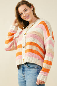 HY9484 Pink Womens Multicolor Stripe Button Closure Sweater Cardigan Full Body