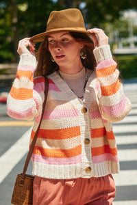 HY9484 Pink Womens Multicolor Stripe Button Closure Sweater Cardigan Editorial
