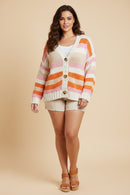 HY9484W Pink Womens Multicolor Stripe Button Closure Sweater Cardigan Full Body