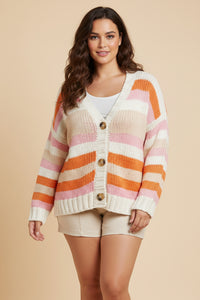 HY9484W Pink Womens Multicolor Stripe Button Closure Sweater Cardigan Back