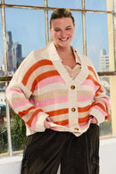 HY9484W Pink Womens Multicolor Stripe Button Closure Sweater Cardigan Front