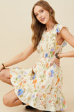 HY9505W Cream Plus Textured Floral Print Smocked Ruffle Tank Dress Front